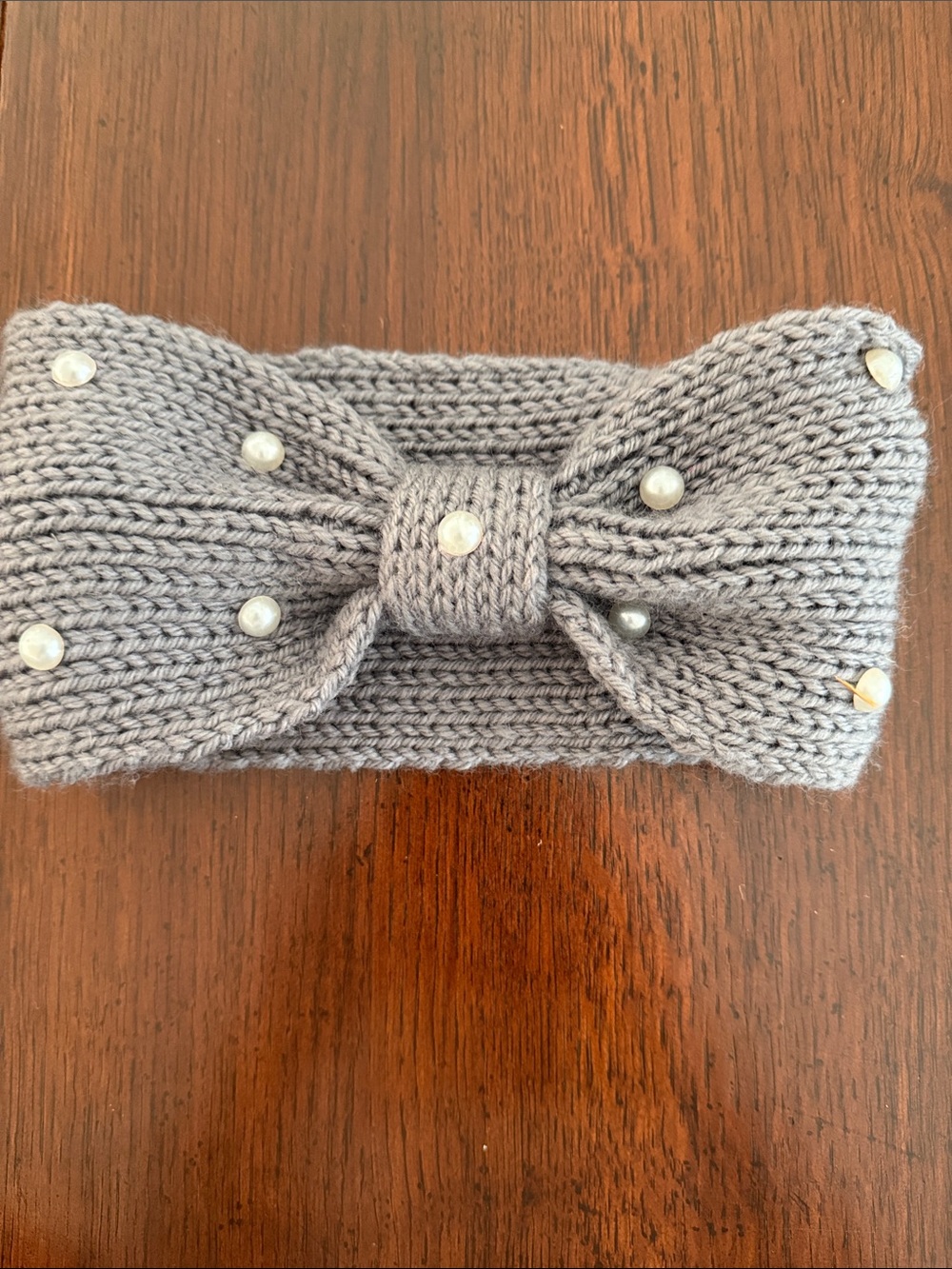 Knit Bow Headband with Pearl Accents - Gray